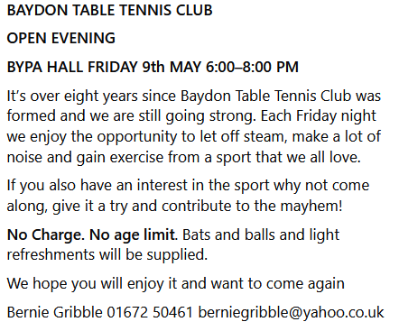 Open Evening for Table Tennis